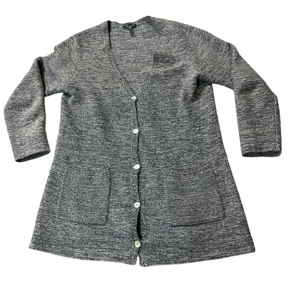 Eileen Fisher Micro Tweed Cardigan Gray White Wool Organic Cotton Sz S - Picture 1 of 5